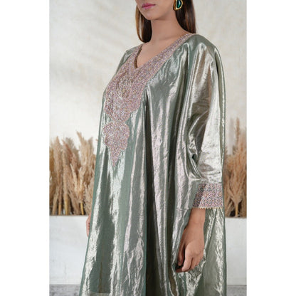 Vedika Soni Metallic Green Embroidered Kaftan With Slip And Pant