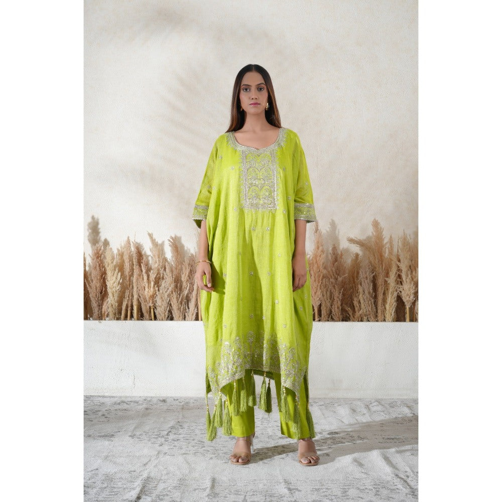 Vedika Soni Neon Lime Green Embroidered Kaftan With Slip And Pant