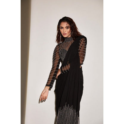 Vedika Soni Black Pre-Stitched Embroidered Saree with Stitched Blouse And Petticoat