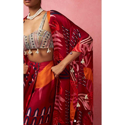 Vedika M Multi-Color Draped Skirt with Bustier and Jacket (Set of 3)