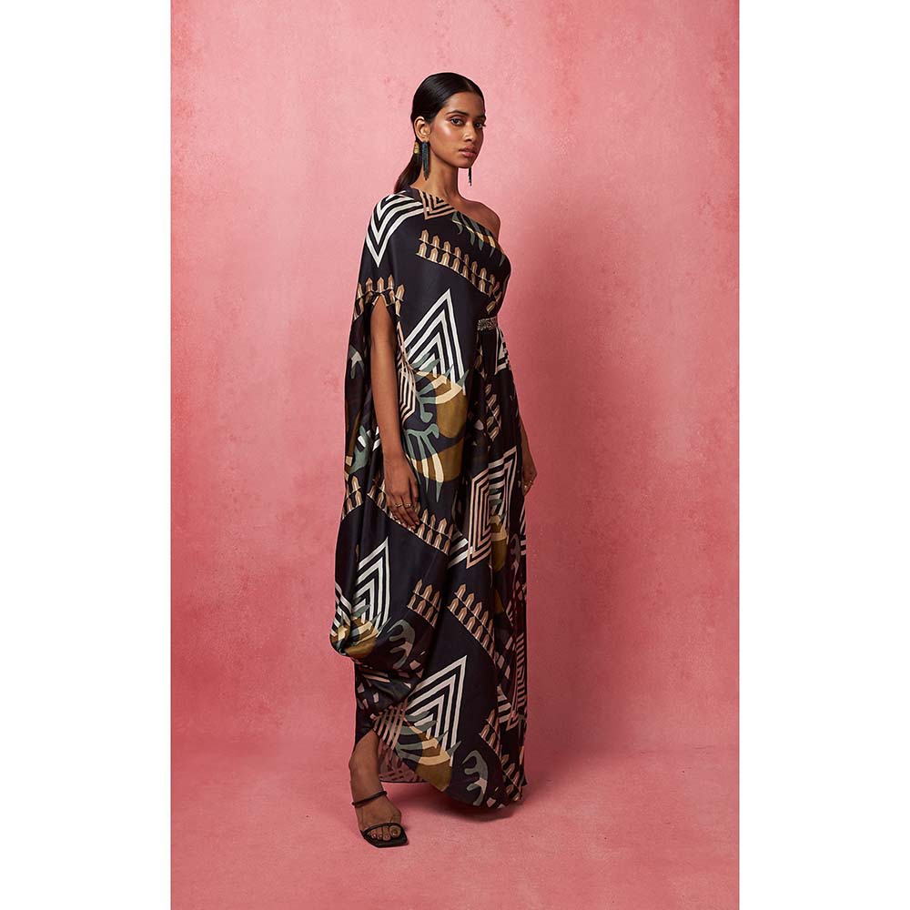 Vedika M Multi-Color One Shoulder Drape Maxi Dress (Set of 2)