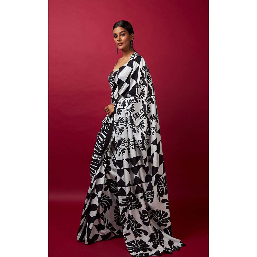 Vedika M Black & White Saree with Stitched Blouse