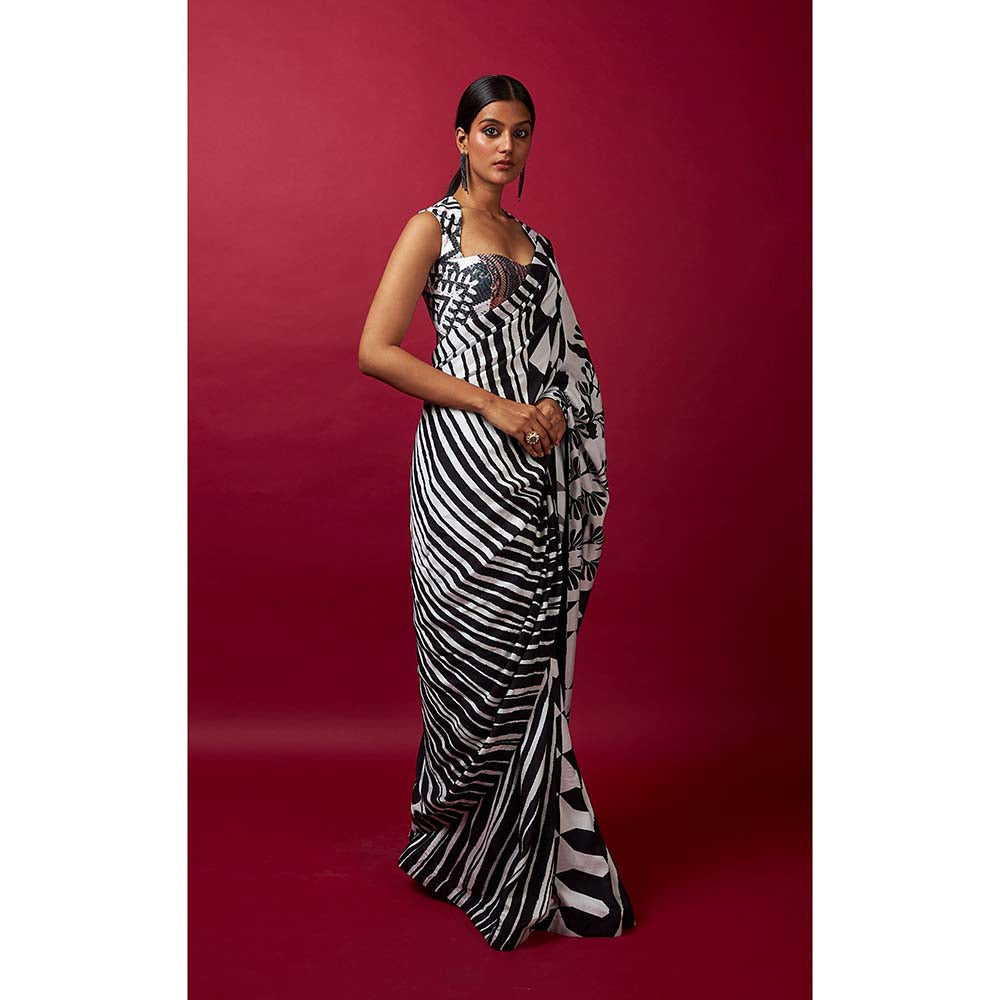 Vedika M Black & White Saree with Stitched Blouse