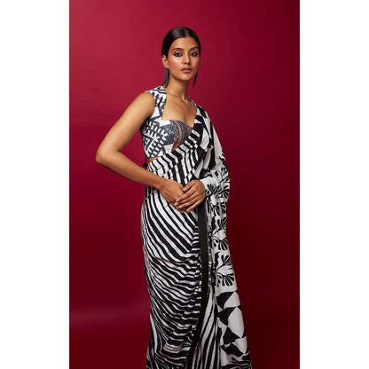 Vedika M Black & White Saree with Stitched Blouse