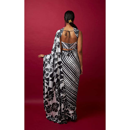 Vedika M Black & White Saree with Stitched Blouse