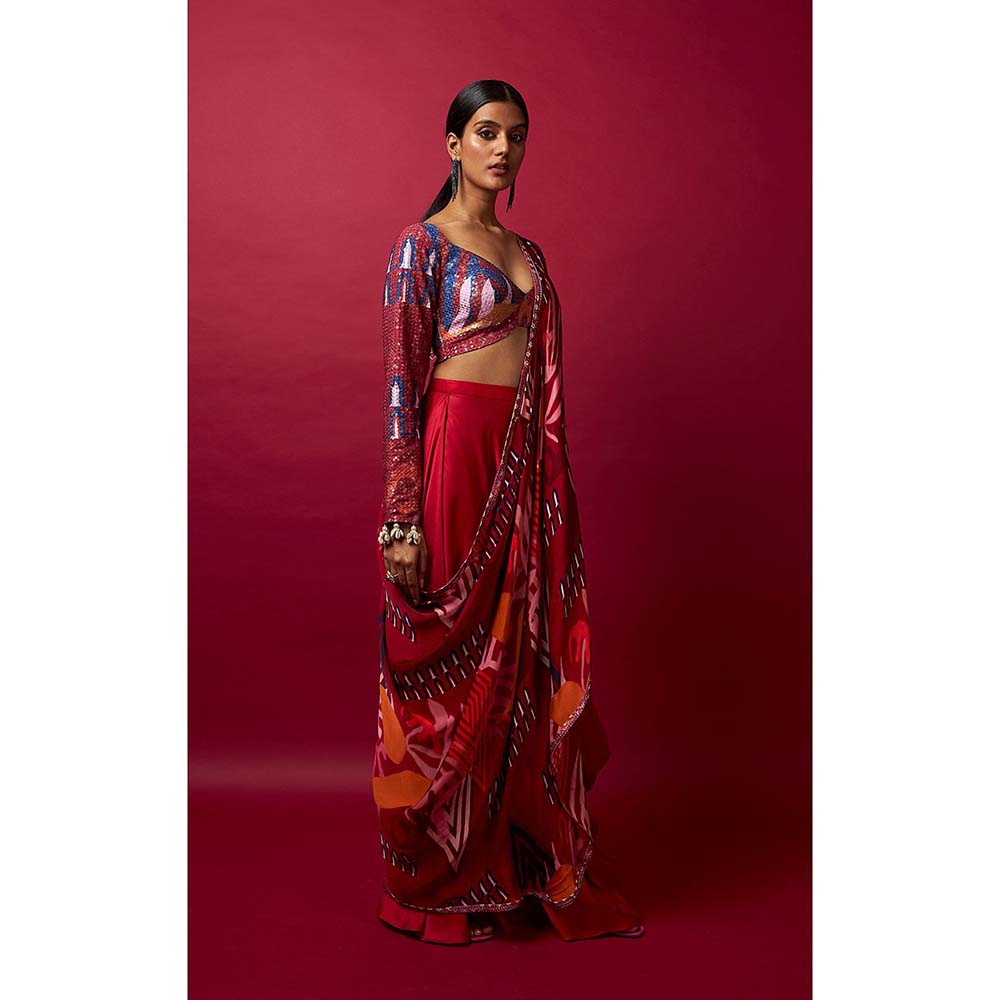 Vedika M Multi-Color Pre Stitched Saree with Stitched Blouse