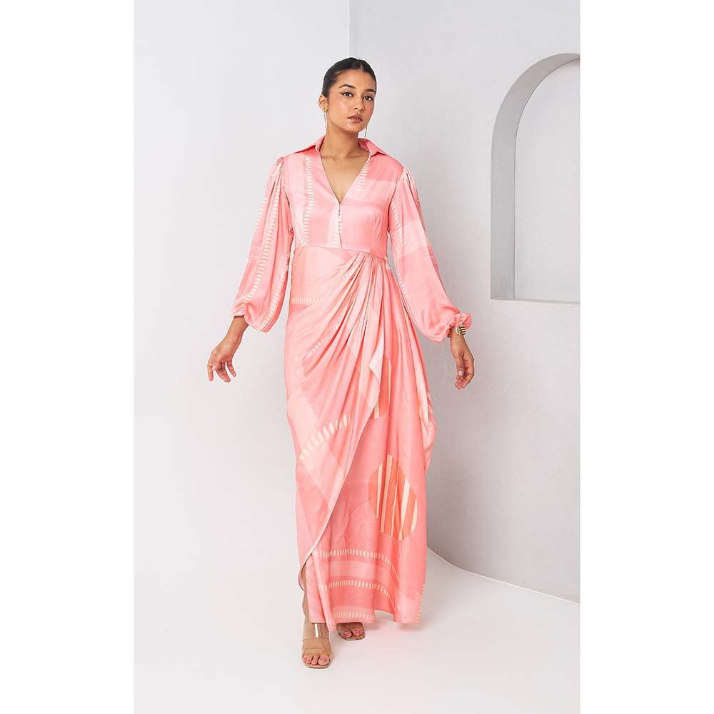 Vedika M Pink Printed Draped Skirt Style Dress
