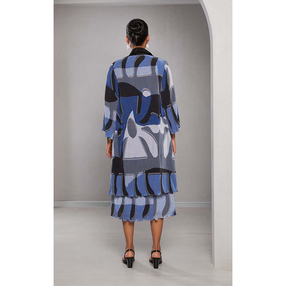 Vedika M Micro Pleated Blue Printed Dress with Jacket (Set of 2)