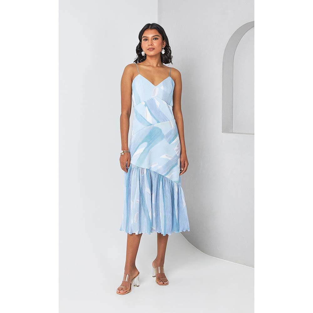 Vedika M Blue Micro Pleated Tiered Midi Dress