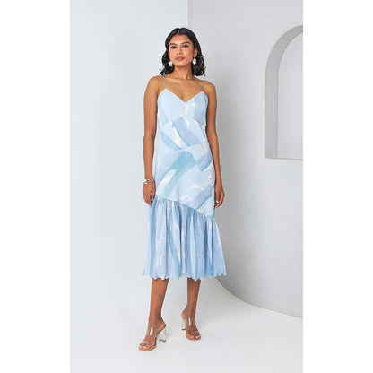 Vedika M Blue Micro Pleated Tiered Midi Dress