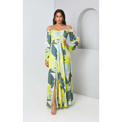 Vedika M Green Printed Off Shoulder Dress