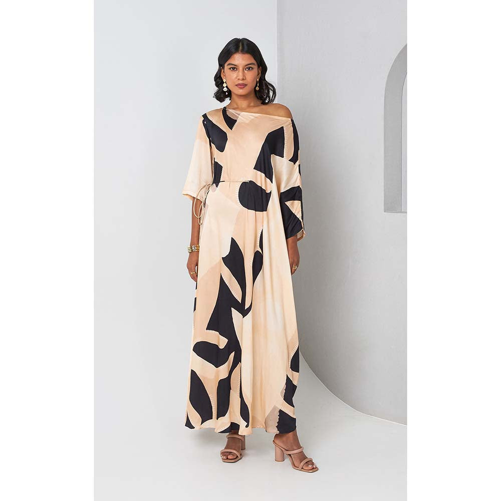 Vedika M Beige Printed Drop Shoulder Drape Dress with Belt (Set of 2)