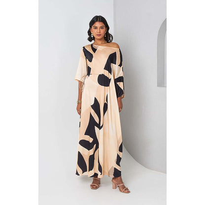 Vedika M Beige Printed Drop Shoulder Drape Dress with Belt (Set of 2)