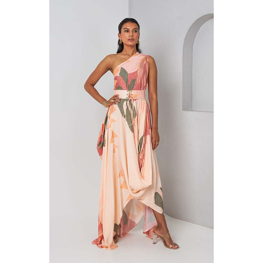 Vedika M Peach Floral Printed Asymmetric One Shoulder Drape Dress with Corset Belt (Set of 2)