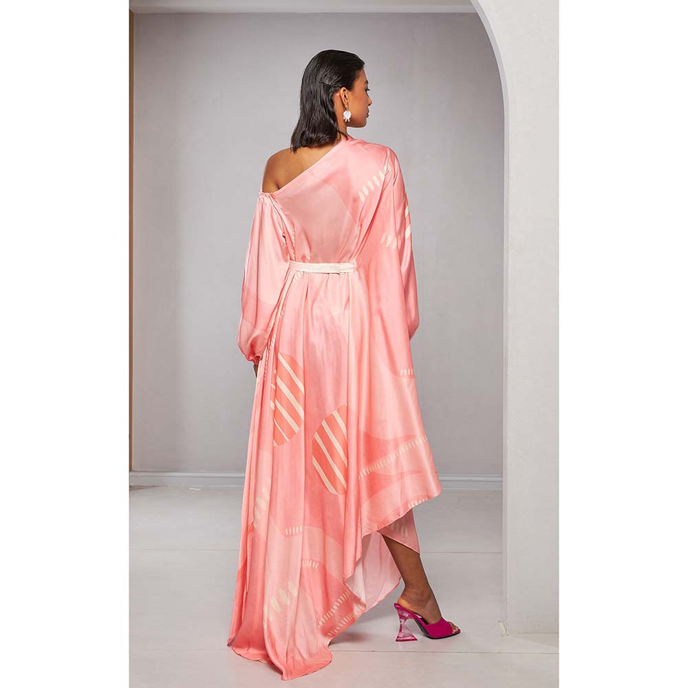 Vedika M Pink Printed Asymmetric Style Drape Dress with Belt (Set of 2)