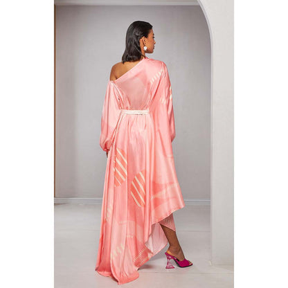 Vedika M Pink Printed Asymmetric Style Drape Dress with Belt (Set of 2)