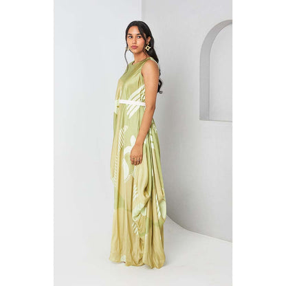 Vedika M Green Printed Drape Dress with Belt (Set of 2)