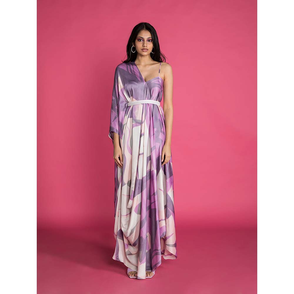 Vedika M Purple Printed Drape Dress with Belt (Set of 2)