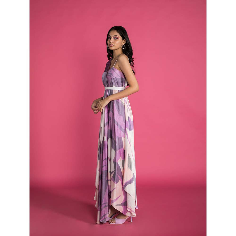 Vedika M Purple Printed Drape Dress with Belt (Set of 2)