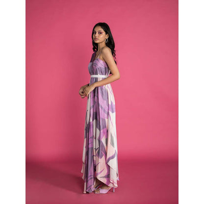 Vedika M Purple Printed Drape Dress with Belt (Set of 2)