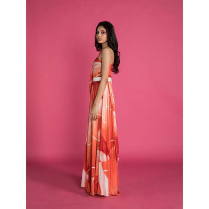 Vedika M Red Printed One Shoulder Drape Dress with Belt (Set of 2)