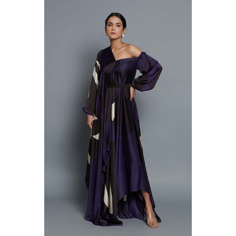Vedika M Blue Printed Drape Dress with Belt (Set of 2)