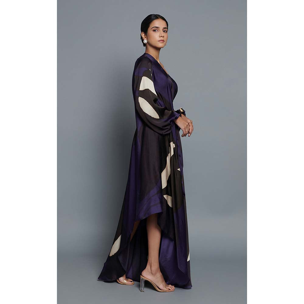 Vedika M Blue Printed Drape Dress with Belt (Set of 2)