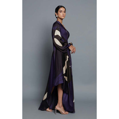 Vedika M Blue Printed Drape Dress with Belt (Set of 2)