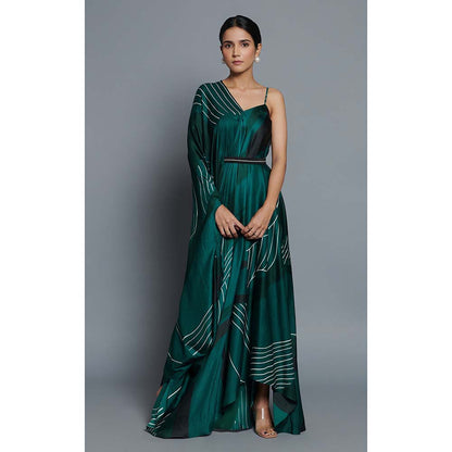 Vedika M Green Printed Drape Dress with Belt (Set of 2)