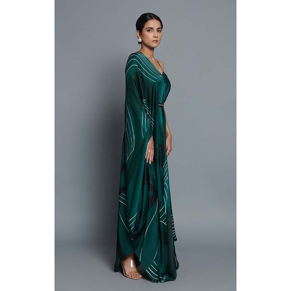 Vedika M Green Printed Drape Dress with Belt (Set of 2)