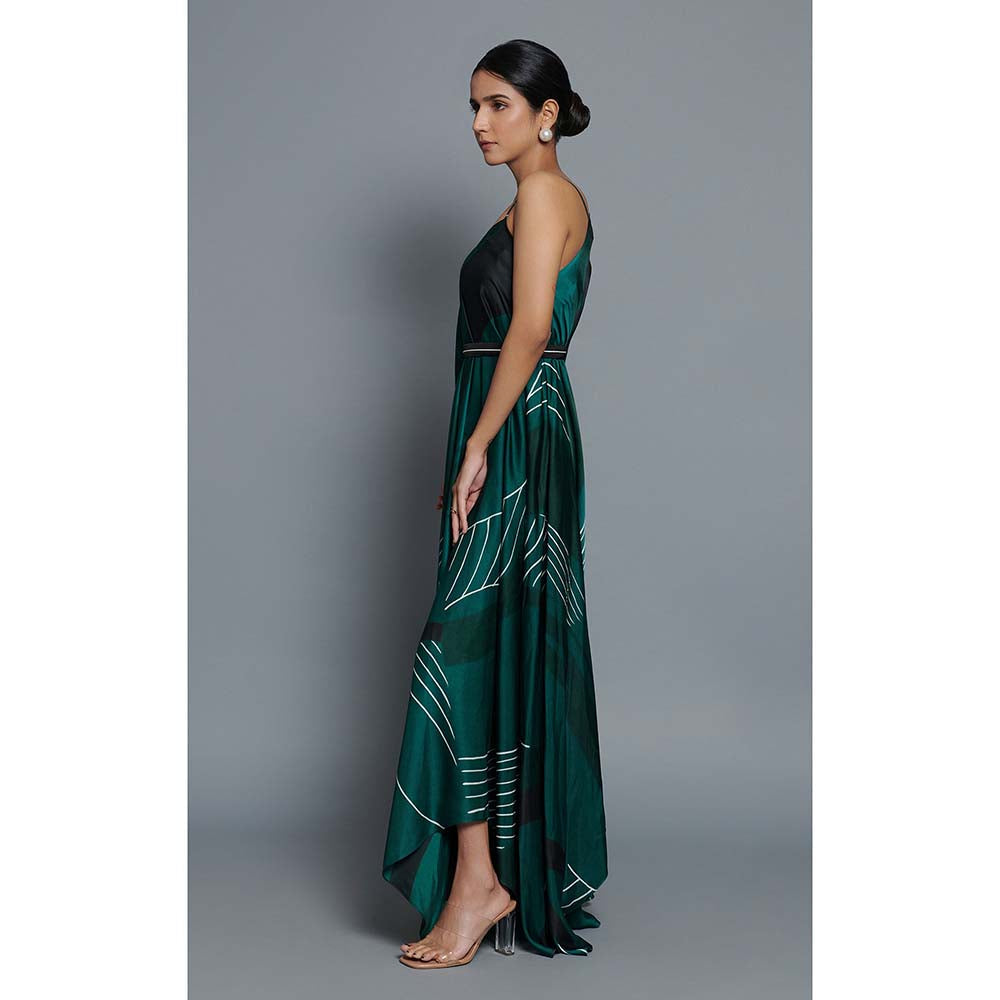 Vedika M Green Printed Drape Dress with Belt (Set of 2)