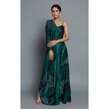 Vedika M Green Printed Drape Dress with Belt (Set of 2)