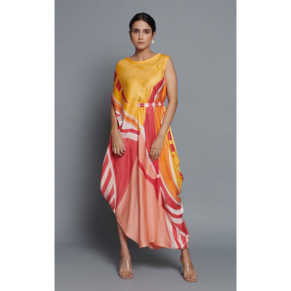 Vedika M Yellow Printed Drape Dress with Belt (Set of 2)