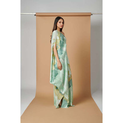Vedika M Green Printed One Shoulder Drape Dress with Belt (Set of 2)