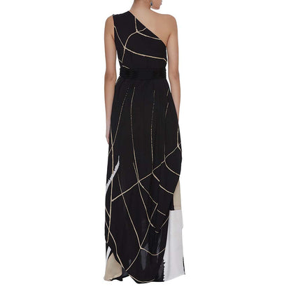 Vedika M Black Printed One Shoulder Drape Dress with Belt (Set of 2)
