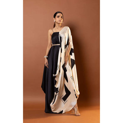 Vedika M Black Printed Asymmetric Draped Dress with Attached Belt