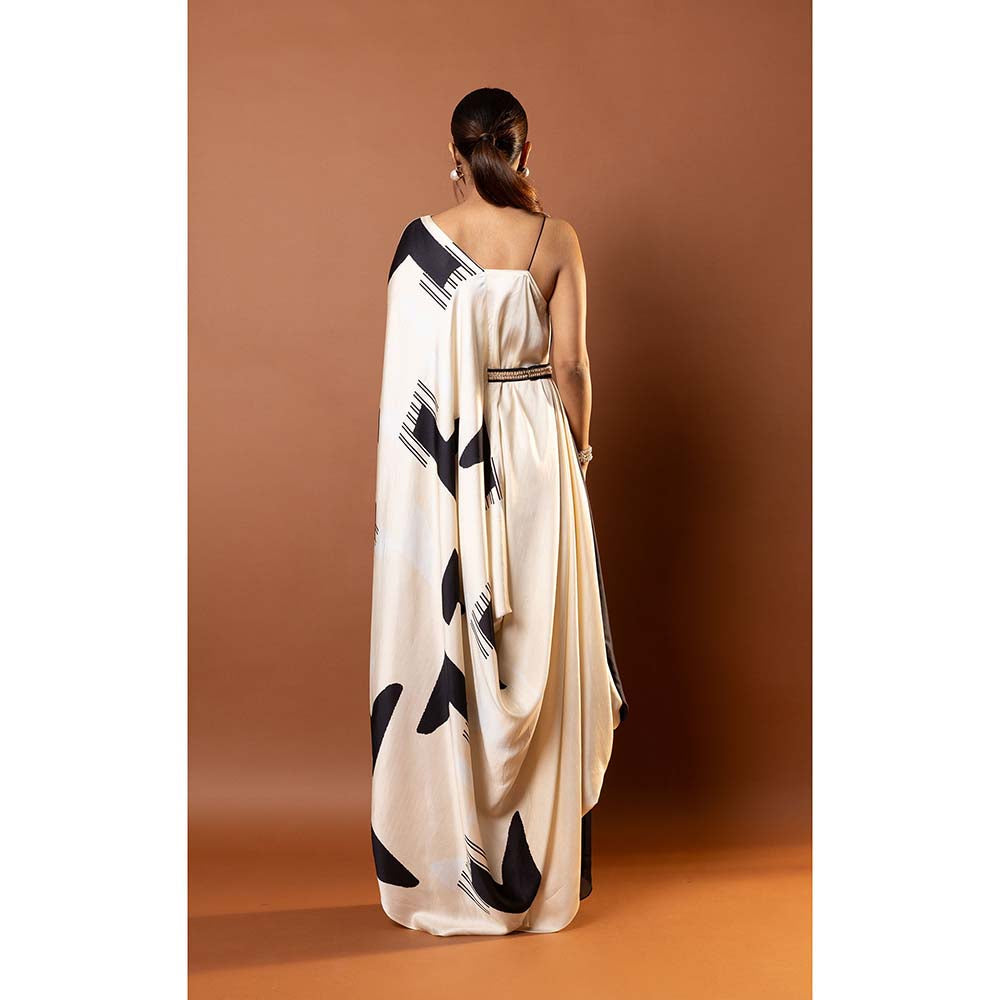 Vedika M Black Printed Asymmetric Draped Dress with Attached Belt