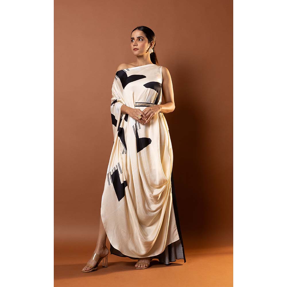 Vedika M White Printed Drop Shoulder Drape Dress with Attached Belt