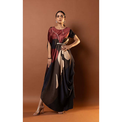Vedika M Red Printed Drape Dress with Attached Belt