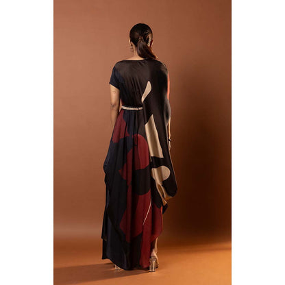 Vedika M Red Printed Drape Dress with Attached Belt