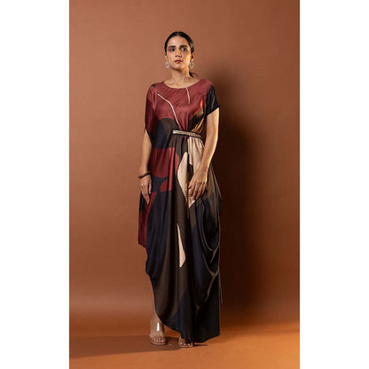 Vedika M Red Printed Drape Dress with Attached Belt