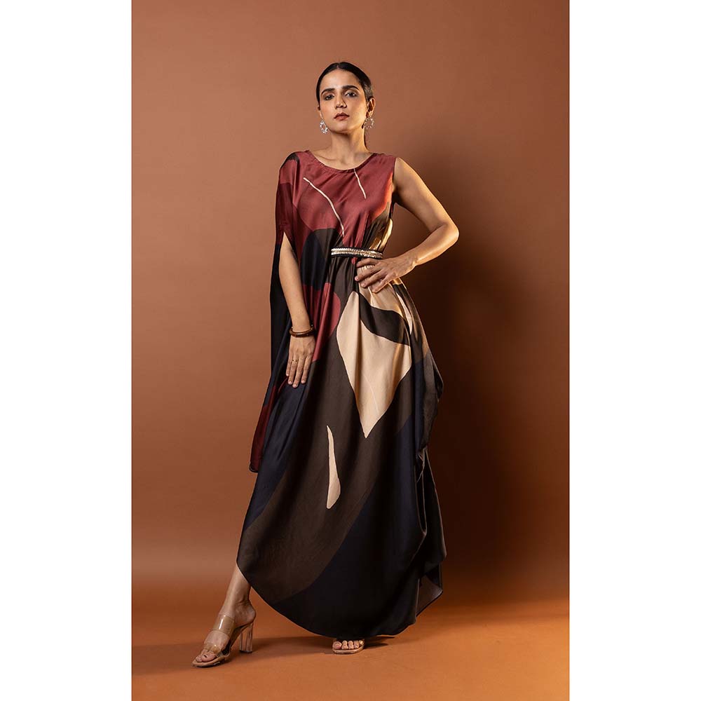 Vedika M Red Printed Drape Dress with Attached Belt