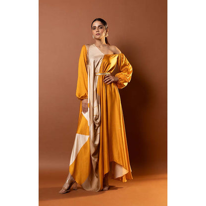 Vedika M Yellow Abstract Printed Drape Dress with Attached Belt