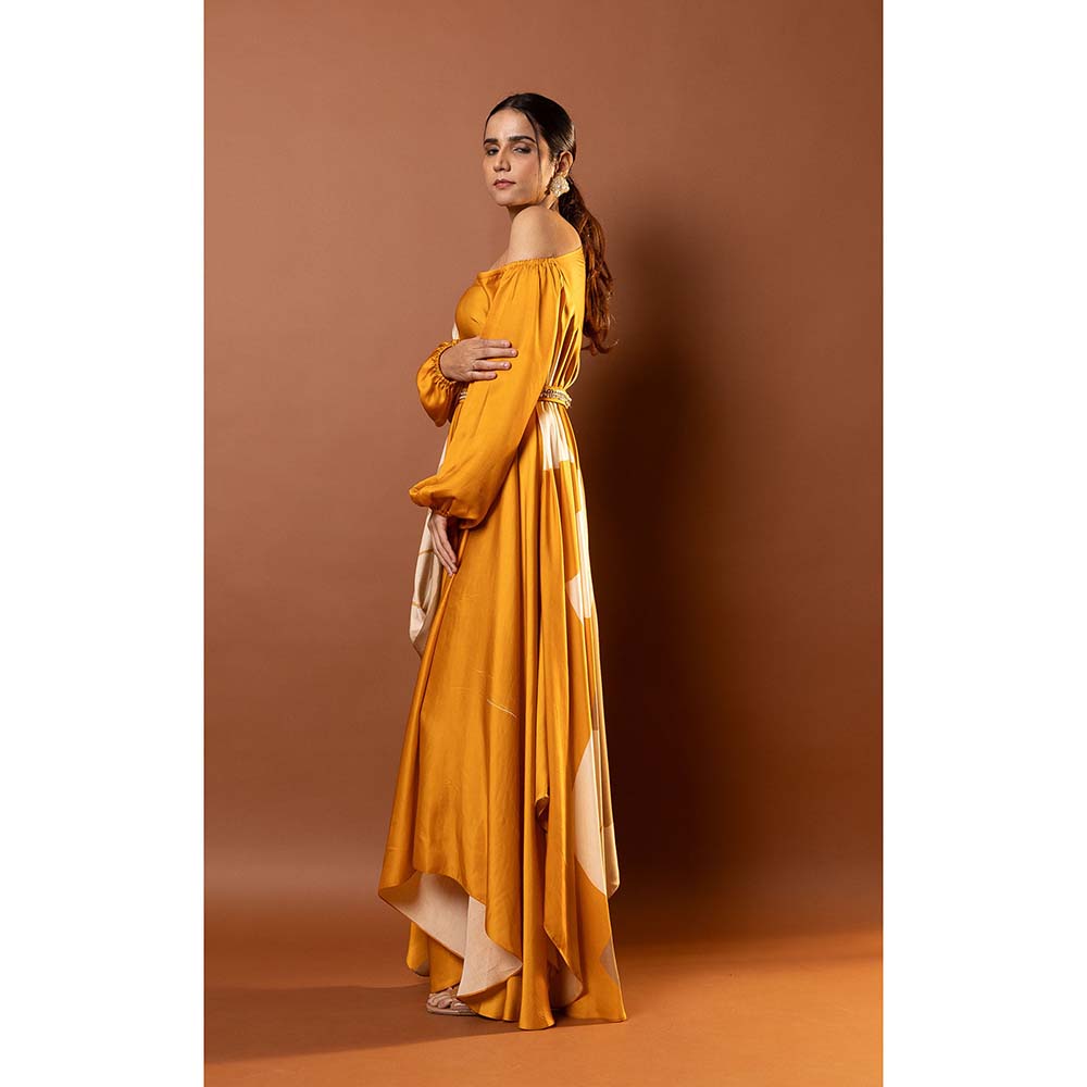 Vedika M Yellow Abstract Printed Drape Dress with Attached Belt