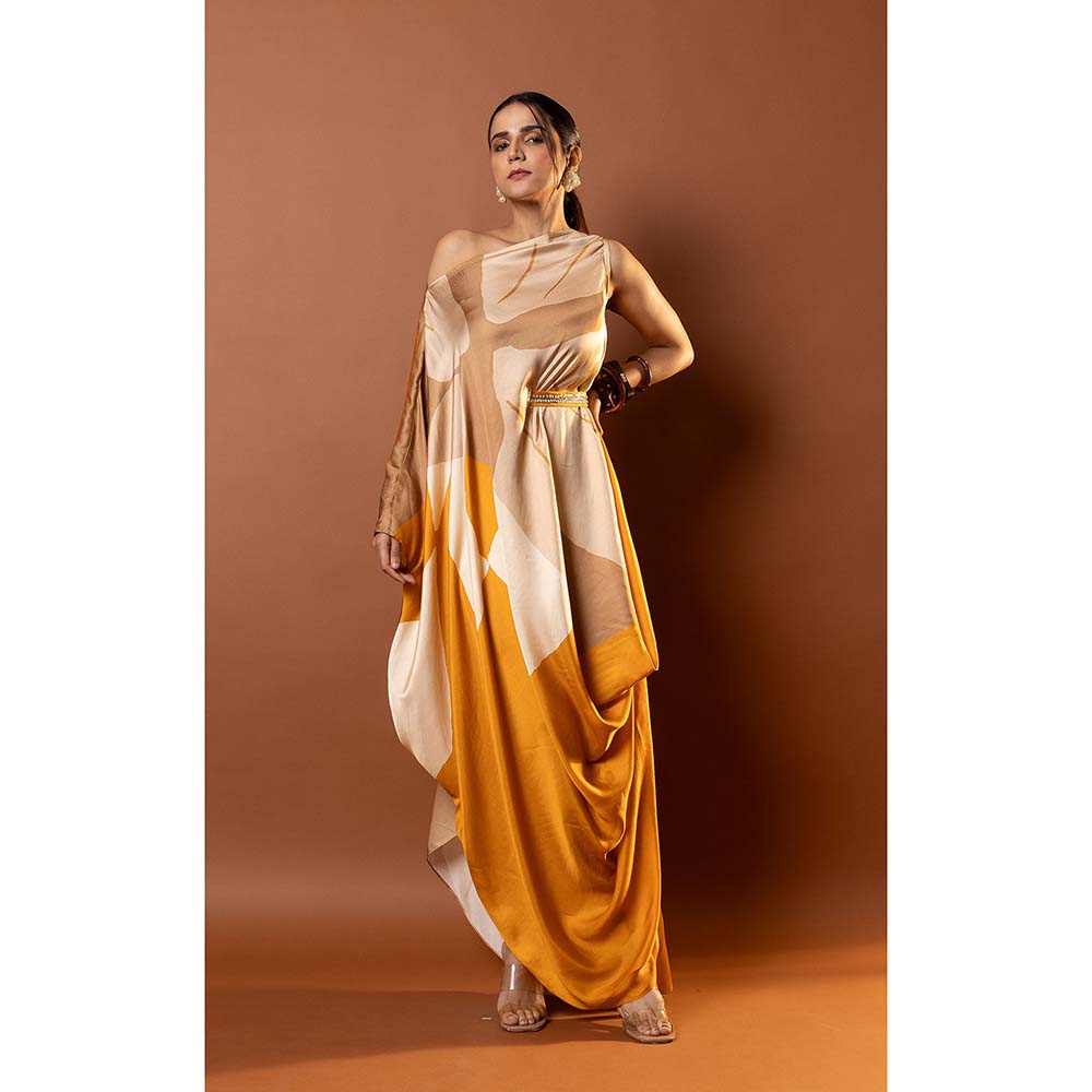 Vedika M Yellow Printed Drape Dress with Attached Belt