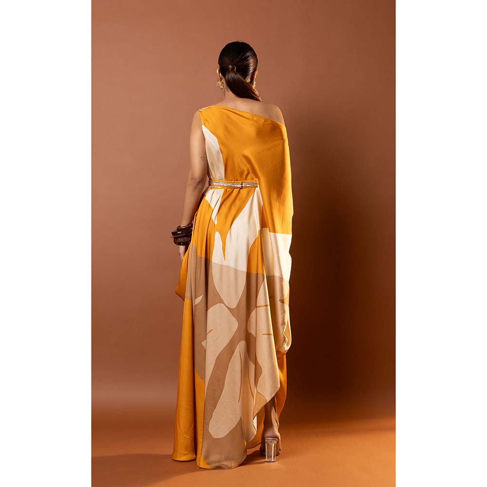 Vedika M Yellow Printed Drape Dress with Attached Belt