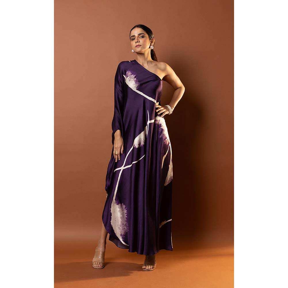 Vedika M Purple Printed Style One Shoulder Drape Dress