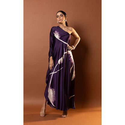Vedika M Purple Printed Style One Shoulder Drape Dress