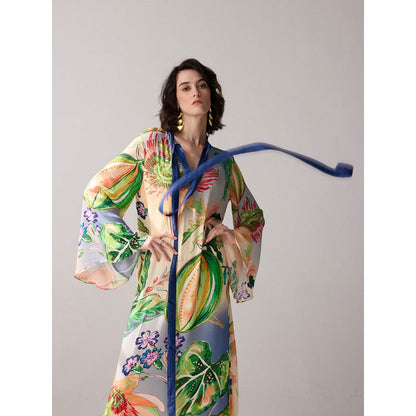 Verb Blue Printed Tie-Up Neck Gemma Dress