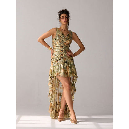 Verb Lurex Printed Ruched High Low Anaisha Dress